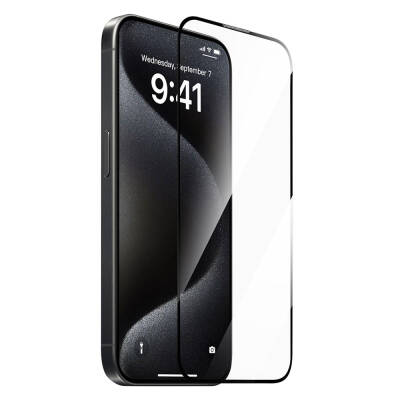 Apple iPhone 15 Pro Max Wiwu GT-009 Polimer Oleofobik Kaplama Şeffaf Pürüzsüz Temperli Cam Ekran Koruyucu Siyah