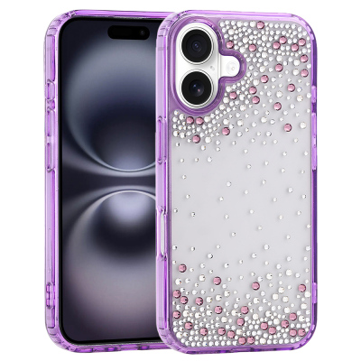 Apple iPhone 16 Case Airbag Design Drop Stone Embellished Transparent Zore Pera Silicone Cover Purple