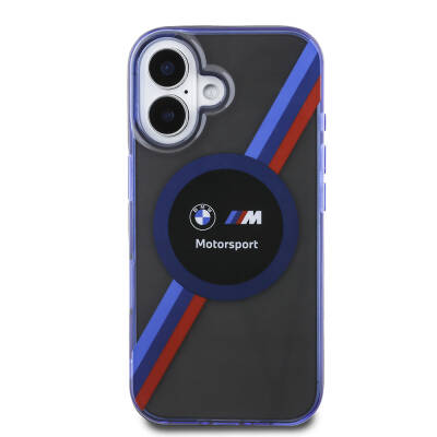 Apple iPhone 16 Case BMW Original Licensed Magsafe Charging Featured Three Color Striped Motorsport Circle Cover Black