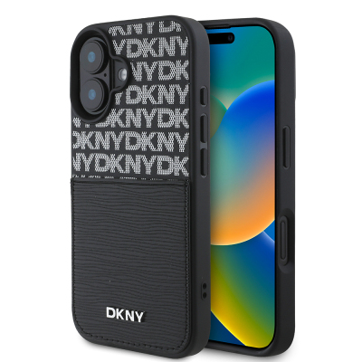 Apple iPhone 16 Case DKNY Original Licensed Card Holder 3D Written Repeat Texture Pattern Cover Black
