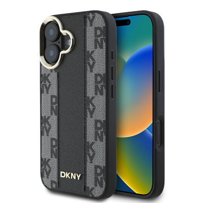 Apple iPhone 16 Case DKNY Original Licensed Magsafe Charging Featured 3D Written Checkered Pattern Cover Black