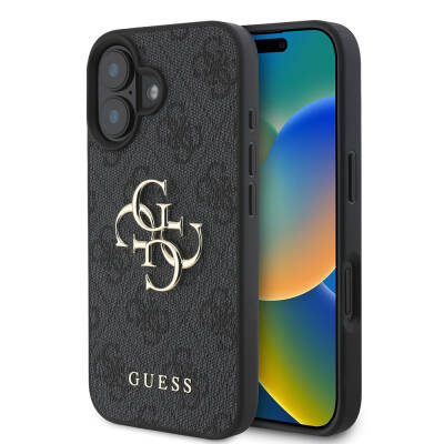 Apple iPhone 16 Case Guess Large Metal Logo Design PU Leather Cover Black