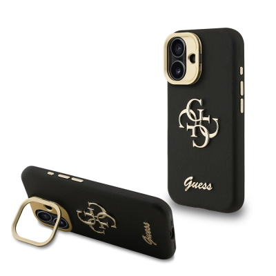 Apple iPhone 16 Case Guess Original Licensed Grained Text Logo Camera Stand Cover Black