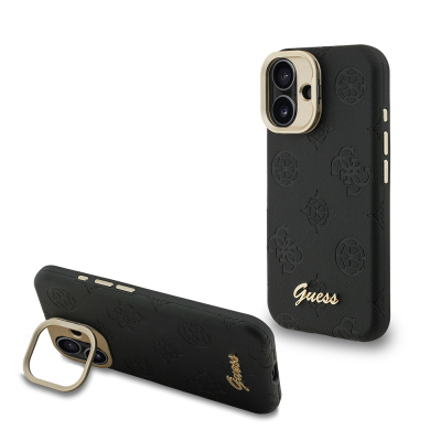 Apple iPhone 16 Case Guess Original Licensed M-safe Charging Feature Hot Printed Text Logo Camera Stand PU Leather Peony Cover Black