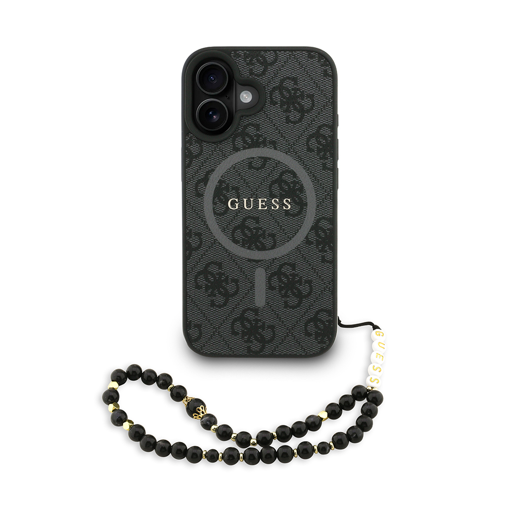 Apple iPhone 16 Case Guess Original Licensed M-safe Charging Feature PU Leather Wrist Strap Rope Cover Text Logo - 2