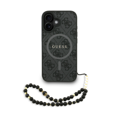 Apple iPhone 16 Case Guess Original Licensed M-safe Charging Feature PU Leather Wrist Strap Rope Cover Text Logo Black