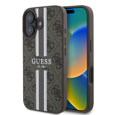 Apple iPhone 16 Case Guess Original Licensed Magsafe Charging Feature 4G Stripe Design Printed Cover Brown