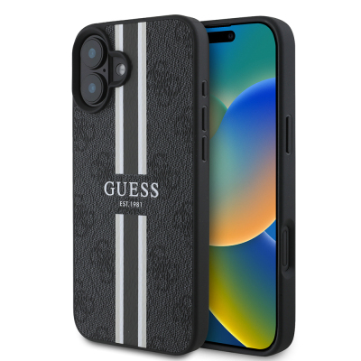 Apple iPhone 16 Case Guess Original Licensed Magsafe Charging Feature 4G Stripe Design Printed Cover Black