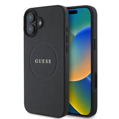 Apple iPhone 16 Case Guess Original Licensed Magsafe Charging Feature and Text Logo Grained Cover Black