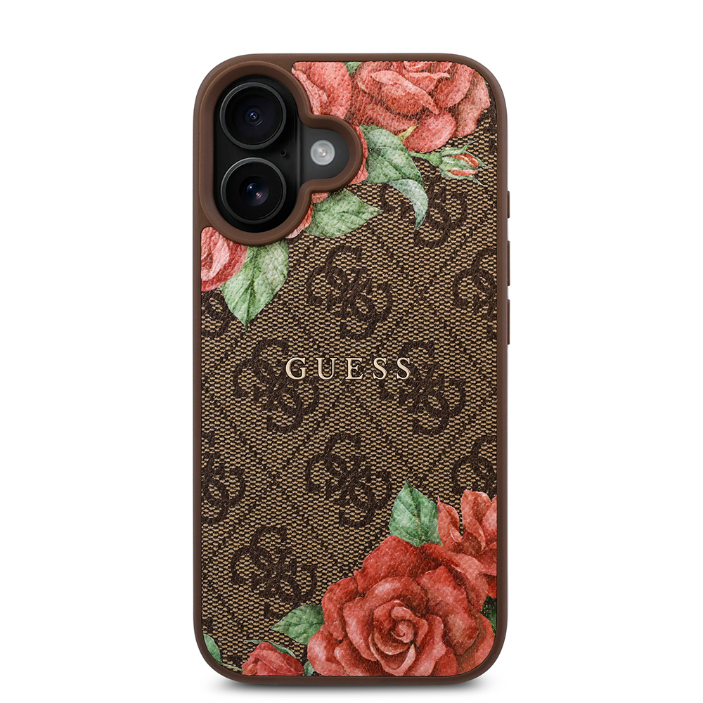 Apple iPhone 16 Case Guess Original Licensed Magsafe Charging Feature Rose Printed 4G Patterned Text Logo Cover - 5