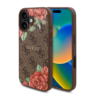 Apple iPhone 16 Case Guess Original Licensed Magsafe Charging Feature Rose Printed 4G Patterned Text Logo Cover Brown