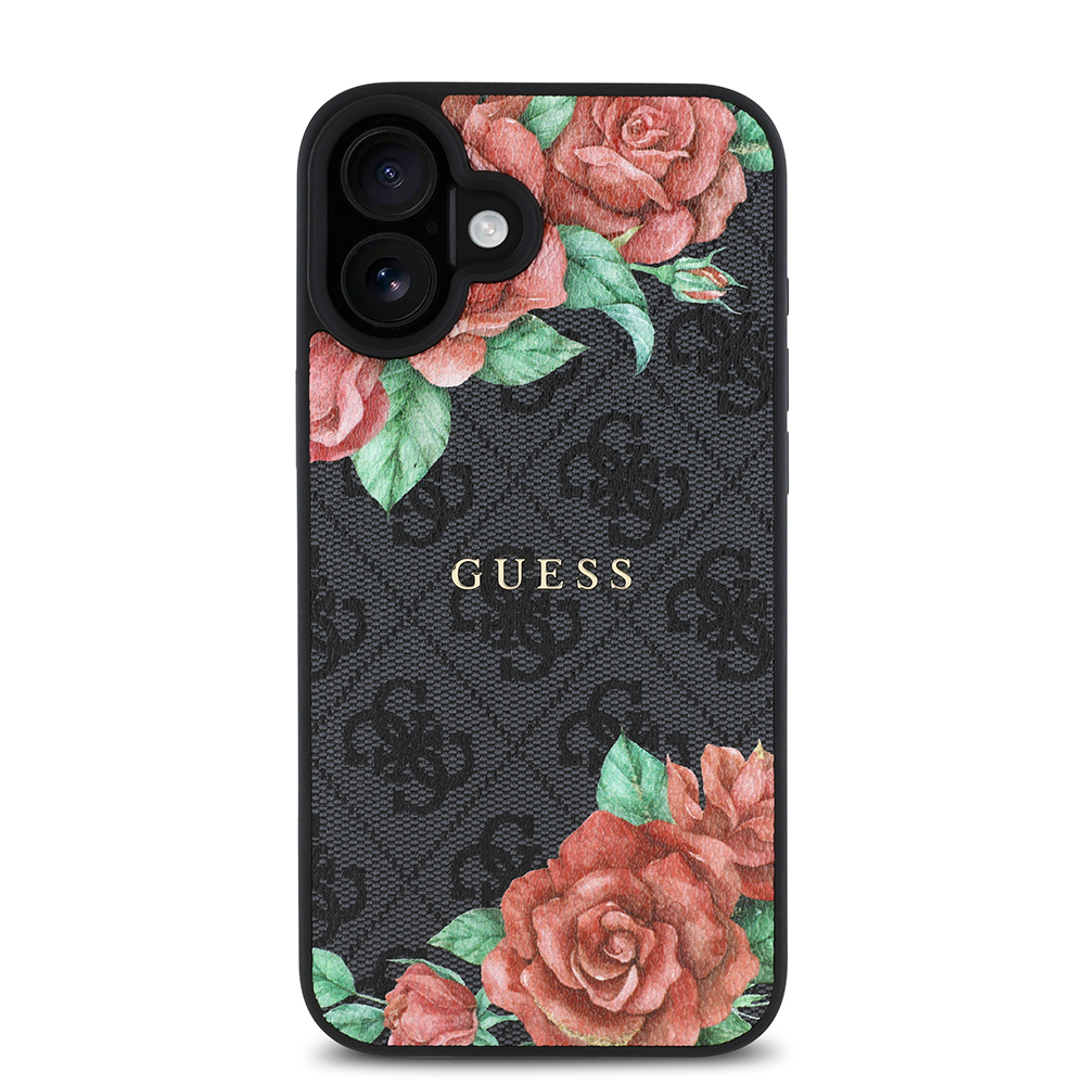 Apple iPhone 16 Case Guess Original Licensed Magsafe Charging Feature Rose Printed 4G Patterned Text Logo Cover - 12