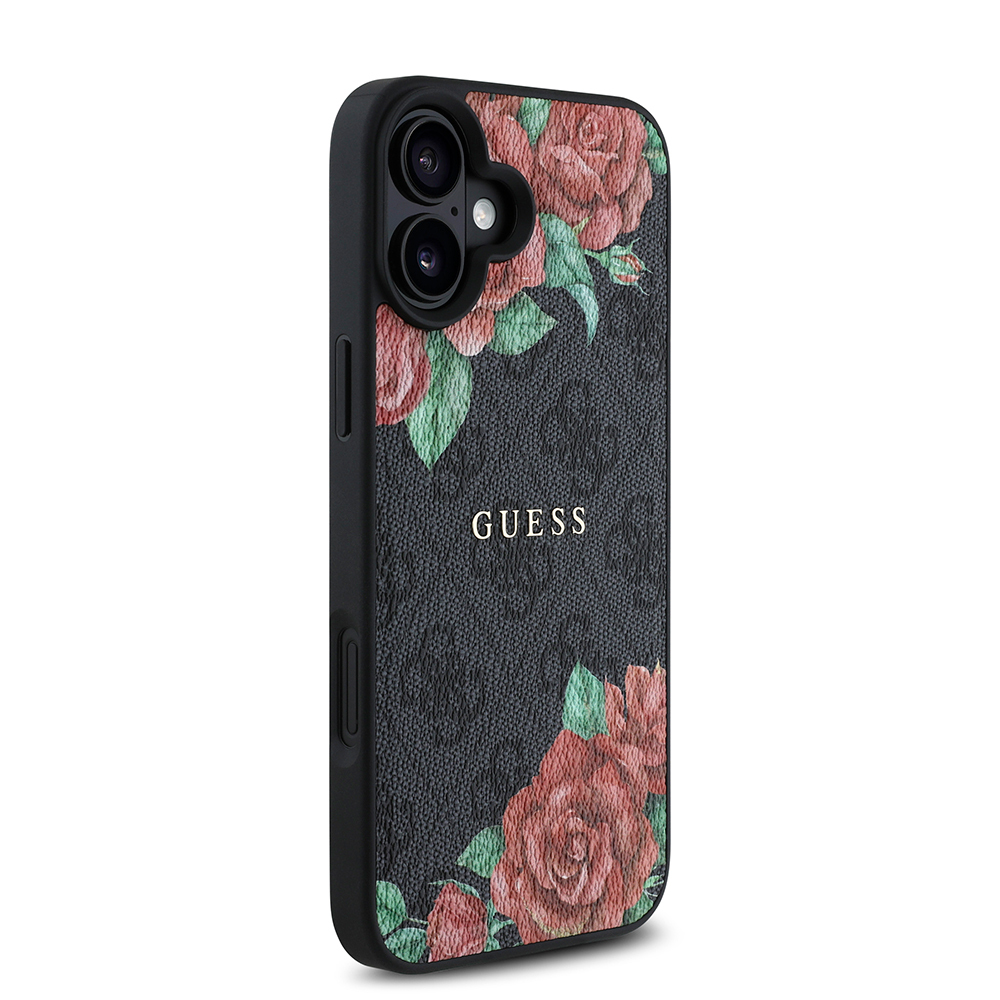 Apple iPhone 16 Case Guess Original Licensed Magsafe Charging Feature Rose Printed 4G Patterned Text Logo Cover - 13