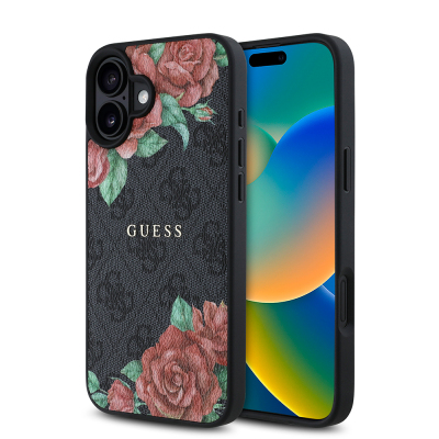 Apple iPhone 16 Case Guess Original Licensed Magsafe Charging Feature Rose Printed 4G Patterned Text Logo Cover Black