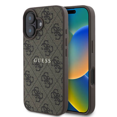 Apple iPhone 16 Case Guess Original Licensed Magsafe Charging Featured 4G Patterned Text Logo Cover Brown