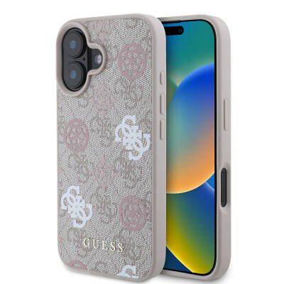 Apple iPhone 16 Case Guess Original Licensed Magsafe Charging Featured 4G Patterned Text Logo Peony Cover Pink