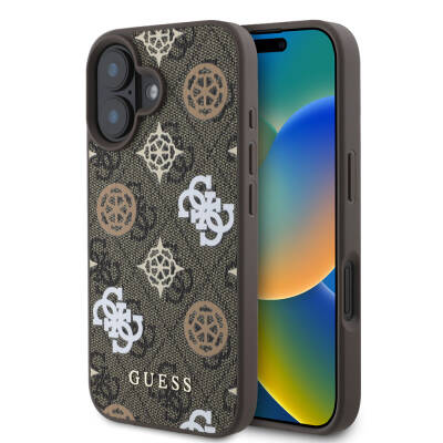 Apple iPhone 16 Case Guess Original Licensed Magsafe Charging Featured 4G Patterned Text Logo Peony Cover Brown