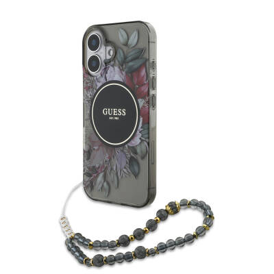 Apple iPhone 16 Case Guess Original Licensed Magsafe Charging Featured IML Printed Flower Pearl Bracelet Cover Black