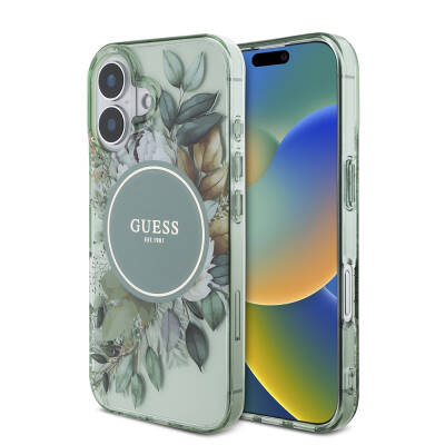 Apple iPhone 16 Case Guess Original Licensed Magsafe Charging Featured IML Printed Flower Pearl Bracelet Cover Green