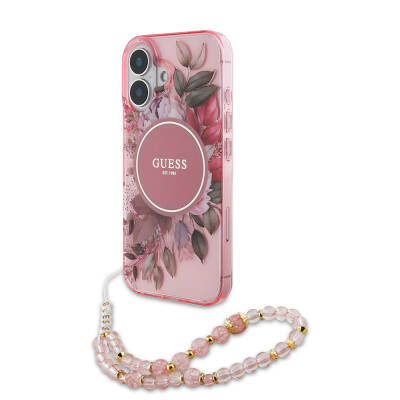 Apple iPhone 16 Case Guess Original Licensed Magsafe Charging Featured IML Printed Flower Pearl Bracelet Cover Pink