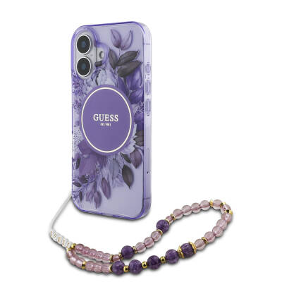 Apple iPhone 16 Case Guess Original Licensed Magsafe Charging Featured IML Printed Flower Pearl Bracelet Cover Purple