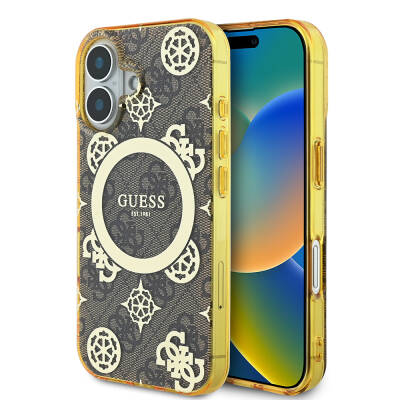 Apple iPhone 16 Case Guess Original Licensed Magsafe Charging Featured IML Text Logo 4G Patterned Peony Cover Brown