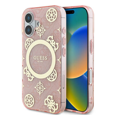 Apple iPhone 16 Case Guess Original Licensed Magsafe Charging Featured IML Text Logo 4G Patterned Peony Cover Pink