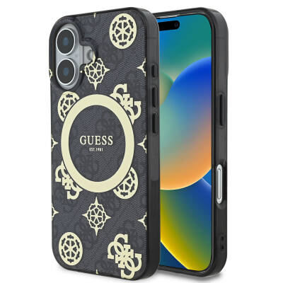 Apple iPhone 16 Case Guess Original Licensed Magsafe Charging Featured IML Text Logo 4G Patterned Peony Cover Black