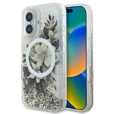 Apple iPhone 16 Case Guess Original Licensed Magsafe Charging Featured Liquid Glitter Flower Patterned Cover Bej