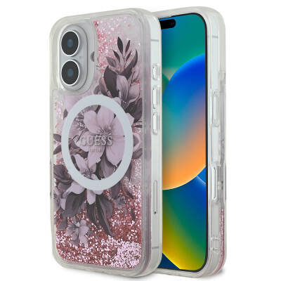 Apple iPhone 16 Case Guess Original Licensed Magsafe Charging Featured Liquid Glitter Flower Patterned Cover Pink