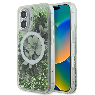 Apple iPhone 16 Case Guess Original Licensed Magsafe Charging Featured Liquid Glitter Flower Patterned Cover Green