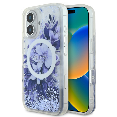 Apple iPhone 16 Case Guess Original Licensed Magsafe Charging Featured Liquid Glitter Flower Patterned Cover Purple