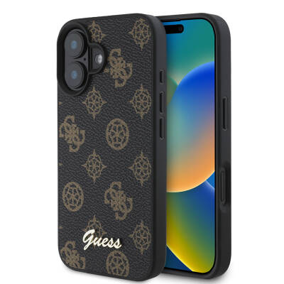 Apple iPhone 16 Case Guess Original Licensed Magsafe Charging Featured Peony Cover Text Logo Black