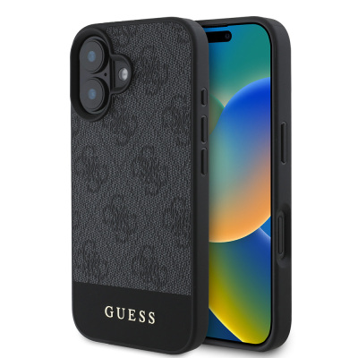 Apple iPhone 16 Case Guess Original Licensed Magsafe Charging Featured PU Leather Stripe Logo Designed Cover Black