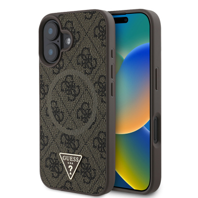 Apple iPhone 16 Case Guess Original Licensed Magsafe Charging Featured PU Triangle Logo 4G Patterned Cover Brown