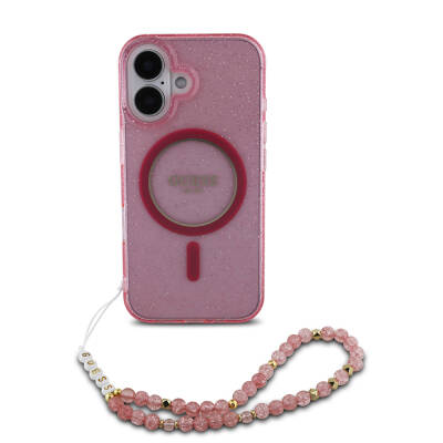 Apple iPhone 16 Case Guess Original Licensed Magsafe Charging Featured Silvery Silicone Pearl Bracelet Cover-33661 Pink