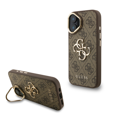 Apple iPhone 16 Case Guess Original Licensed PU Leather 4G Patterned Metal Big 4G and Text Logo Camera Stand Cover Brown