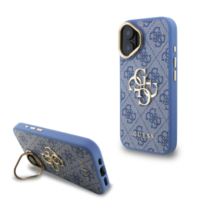 Apple iPhone 16 Case Guess Original Licensed PU Leather 4G Patterned Metal Big 4G and Text Logo Camera Stand Cover Blue