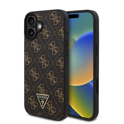 Apple iPhone 16 Case Guess Original Licensed PU Leather 4G Patterned Triangle Logo Cover Black