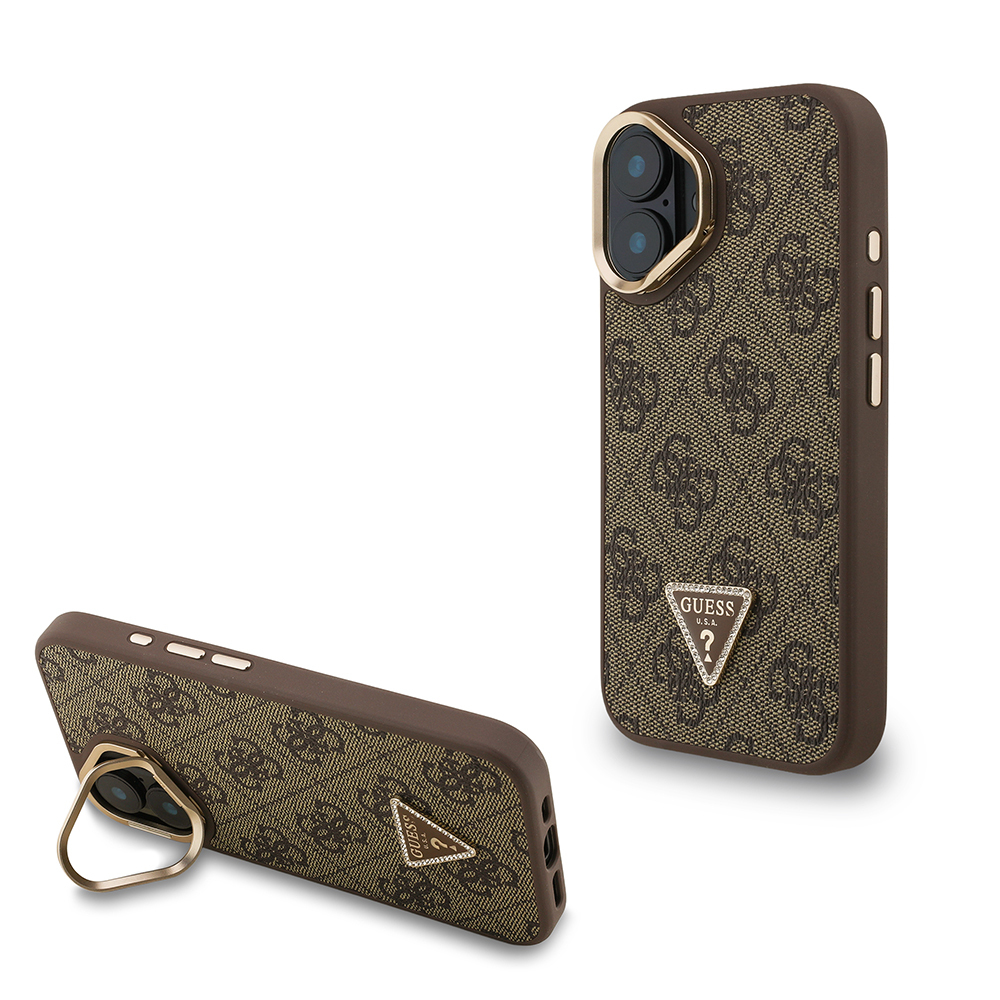 Apple iPhone 16 Case Guess Original Licensed PU Leather Stone Triangle Logo 4G Patterned Camera Stand Cover - 1