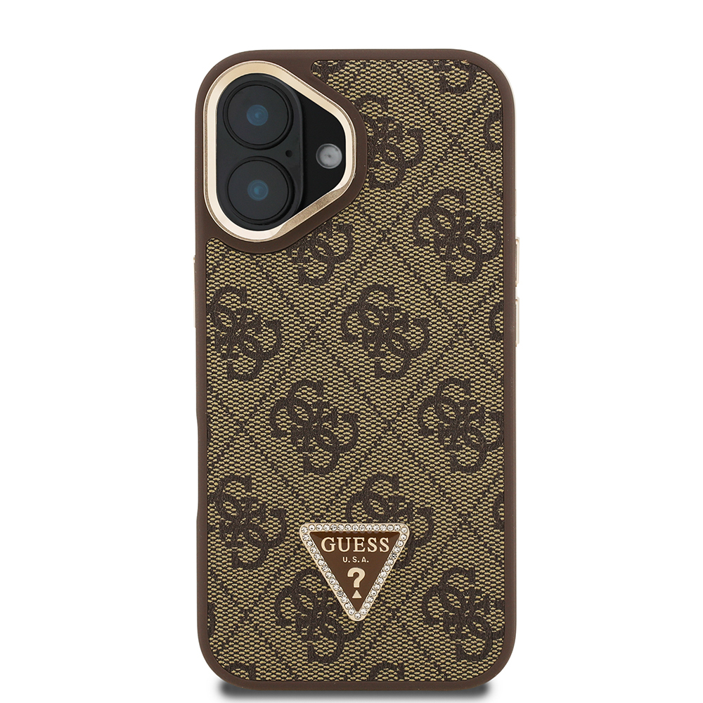 Apple iPhone 16 Case Guess Original Licensed PU Leather Stone Triangle Logo 4G Patterned Camera Stand Cover - 4