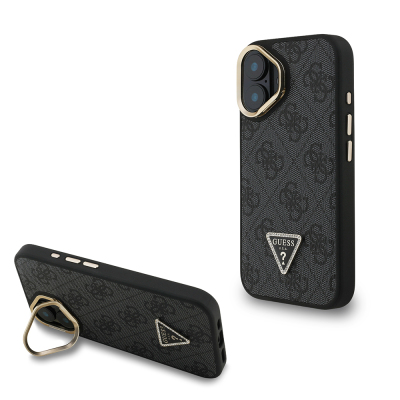 Apple iPhone 16 Case Guess Original Licensed PU Leather Stone Triangle Logo 4G Patterned Camera Stand Cover Black