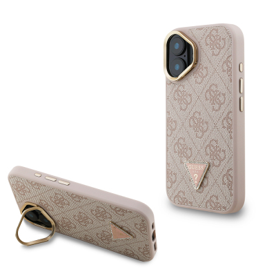 Apple iPhone 16 Case Guess Original Licensed PU Leather Stone Triangle Logo 4G Patterned Camera Stand Cover Pink