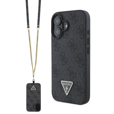 Apple iPhone 16 Case Guess Original Licensed PU Leather Stoned Metal Triangle Logo Cross Body Strap 4G Patterned Cover Black