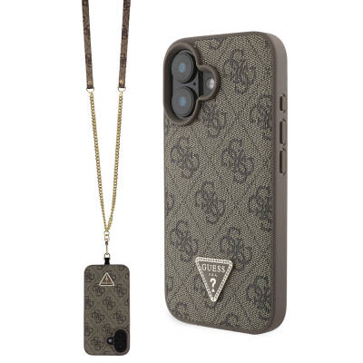 Apple iPhone 16 Case Guess Original Licensed PU Leather Stoned Metal Triangle Logo Cross Body Strap 4G Patterned Cover Brown