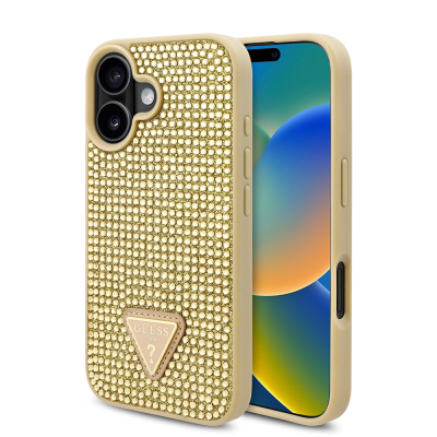 Apple iPhone 16 Case Guess Original Licensed Stone Back Surface Triangle Logo Cover Gold