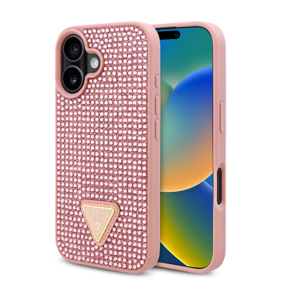 Apple iPhone 16 Case Guess Original Licensed Stone Back Surface Triangle Logo Cover Pink