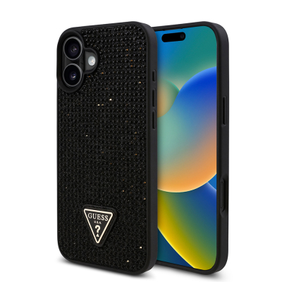 Apple iPhone 16 Case Guess Original Licensed Stone Back Surface Triangle Logo Cover Black