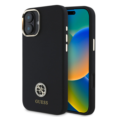 Apple iPhone 16 Case Guess Original Licensed Text and Stoned 4G Logo Silicone Cover Metal Camera Frame Black