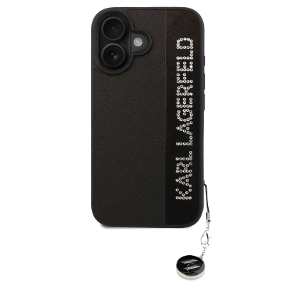 Apple iPhone 16 Case Karl Lagerfeld Original Licensed Keychain with Stone KL Written Saffiano Rhinestones Cover Black